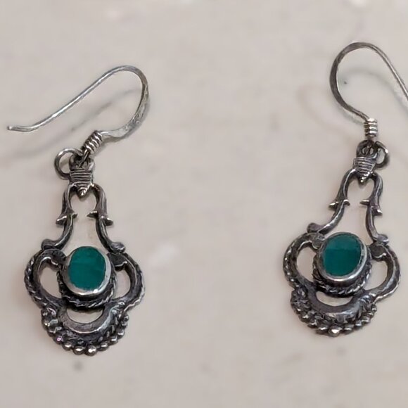 Delicate Ornate Sterling Dangle Earrings with Emerald Colored Inlay - Picture 2 of 10
